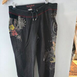 Lucky Brand Cropped Asian Sweatpants Flocked Koi &Flowers Size M
